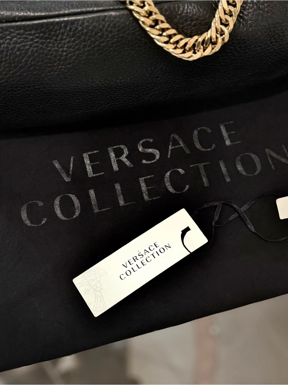Versace Collection Black Leather Shoulder Bag with Gold Chain Accents